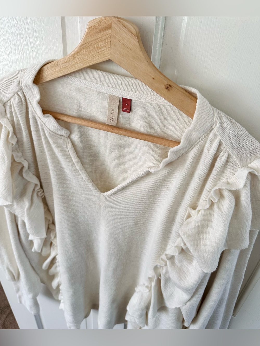 PILCRO Anthropologie Cozy Popover Knit Top Ruffled Ivory Boho Size M - Picture 6 of 12